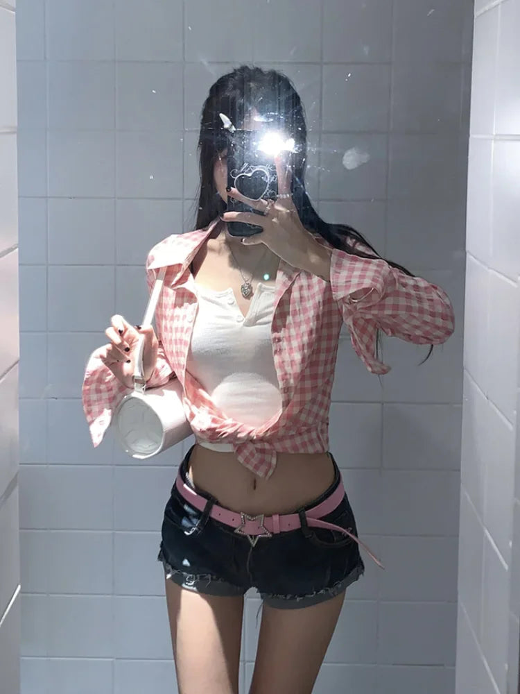 Y2k Pink Plaid Women Shirts Check Graphic Long Sleeve Blouses Female Spring Autumn Sexy Slim Button Up Cardigan Chic Ins