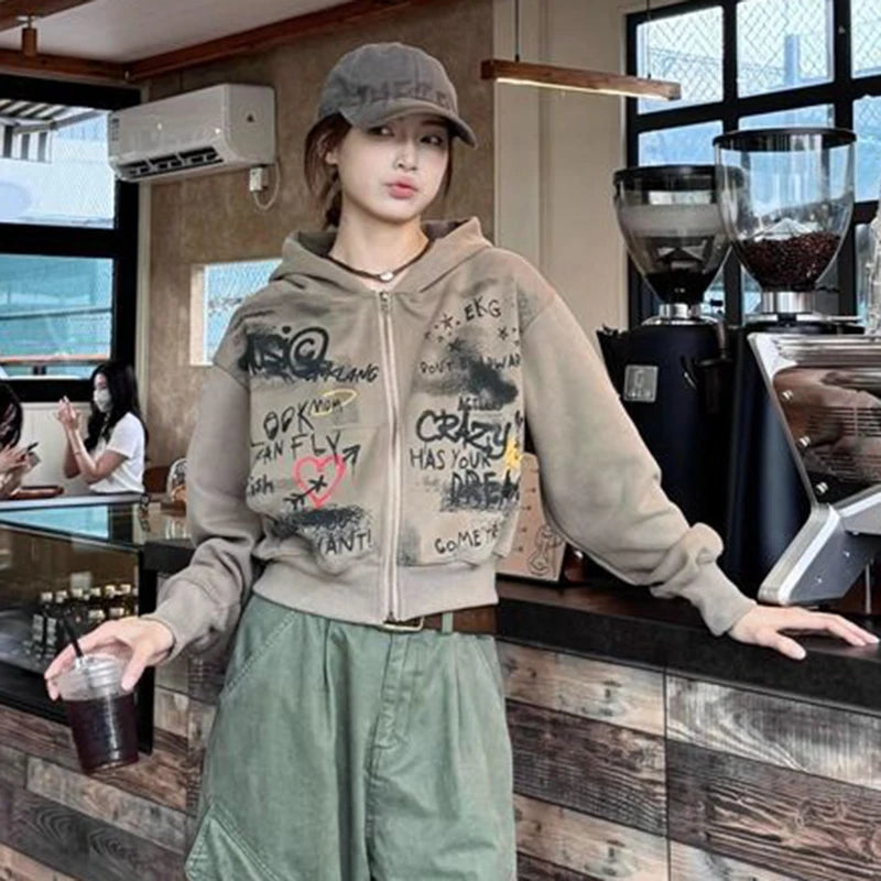 Y2K Vintage Hooded Sweatshirt Women Spring New Letter Print Zipper Jacket American Retro Streetwear Crop Tops Female Coat