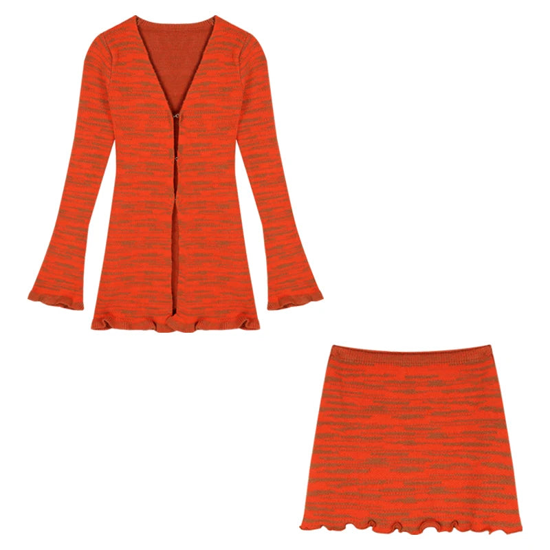 Y2k Orange Striped Suit Fungus Edge Longsleeved Knitted Cardigan Women's Autumn Short Skirt 2piece Set