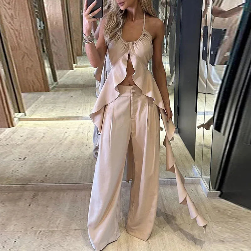 Women's Fashion High Street Outfits New Hollow Design Backless Slim Suits Sexy Halter Ruffled Top with Long Pants 2 Piece Sets