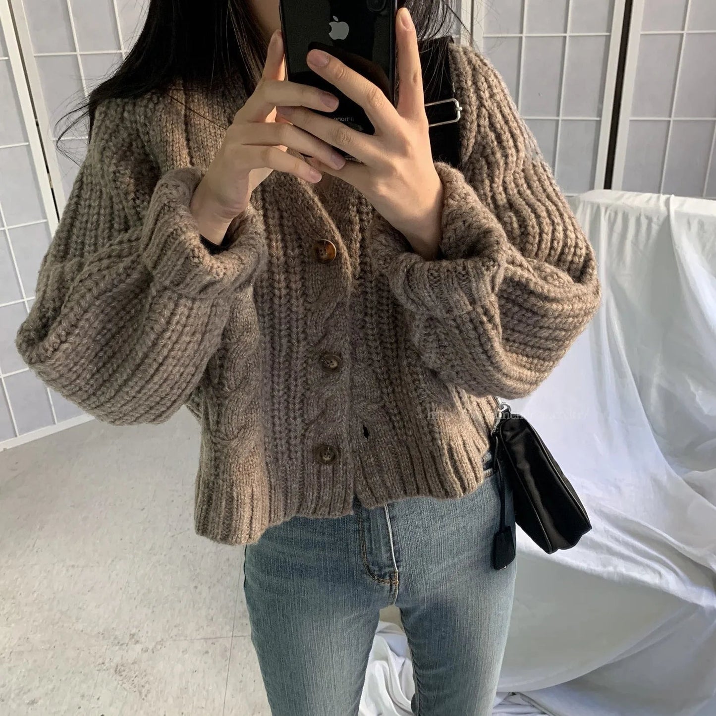 Women Solid Long Sleeve Cardigan Crochet Sweater Autumn Winter Casual Korean Vneck Single Breasted Short Tops Chic Streetwear