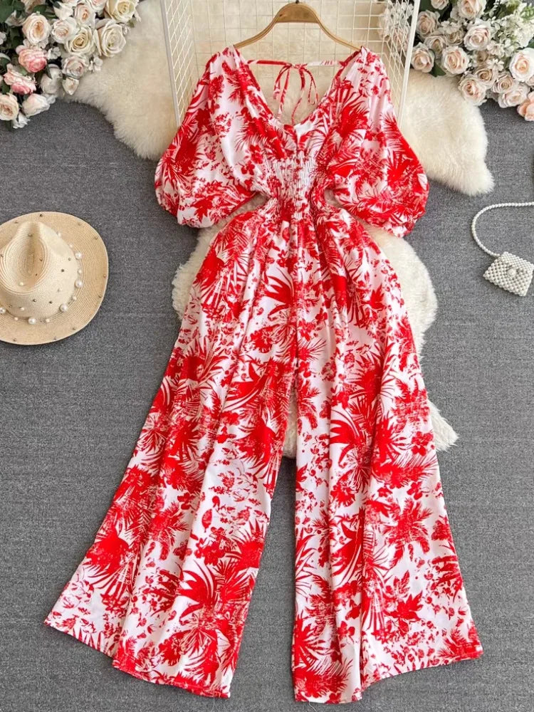 Women Elegant Print Puff Sleeve V Neck Jumpsuits Summer New Fashion High Waist One Piece Female Casual Straight Wide Leg Pants