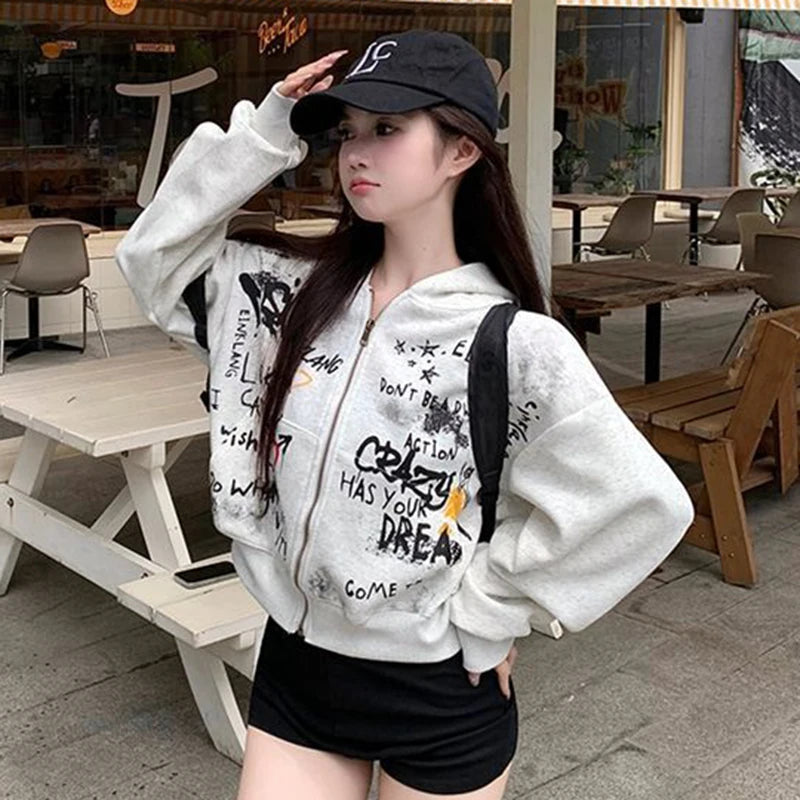 Y2K Vintage Hooded Sweatshirt Women Spring New Letter Print Zipper Jacket American Retro Streetwear Crop Tops Female Coat