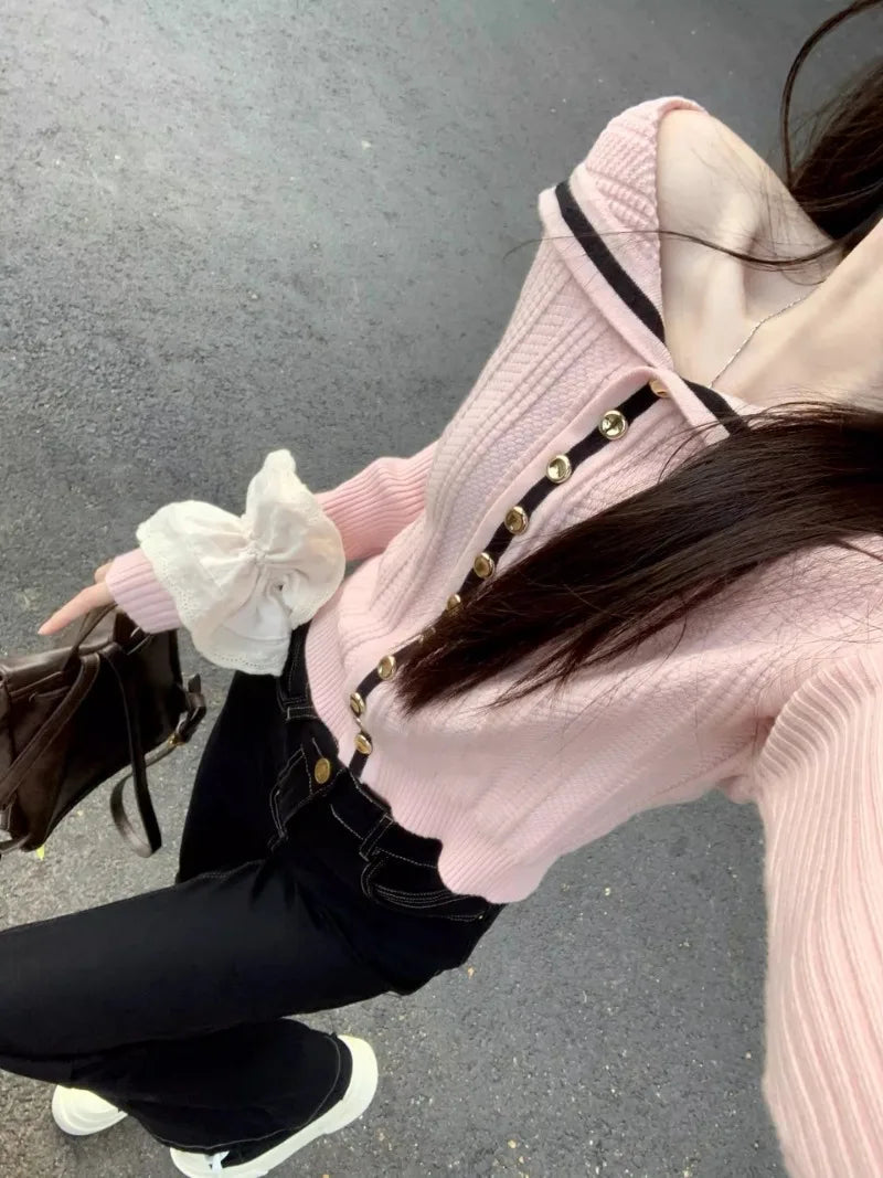 Sweet Hot Girl Pink Off Shoulder Longsleeved Sweater Women's Autumn Sailor Collar Knitted Cardigan Top Fashion Female Clothes