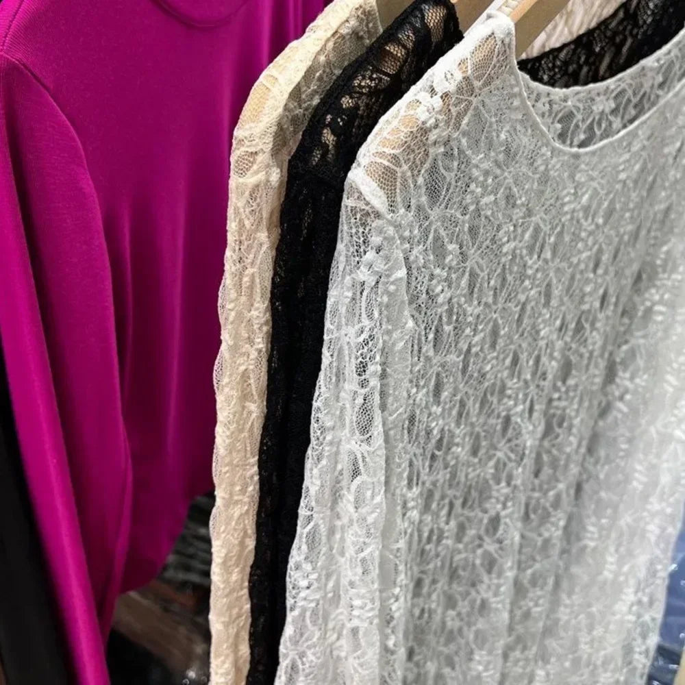 Women Lace Mesh High Collar Bottom T-shirts Female Long Sleeve Autumn Casual Style Tight Thin Tops T-shirts Women Clothes