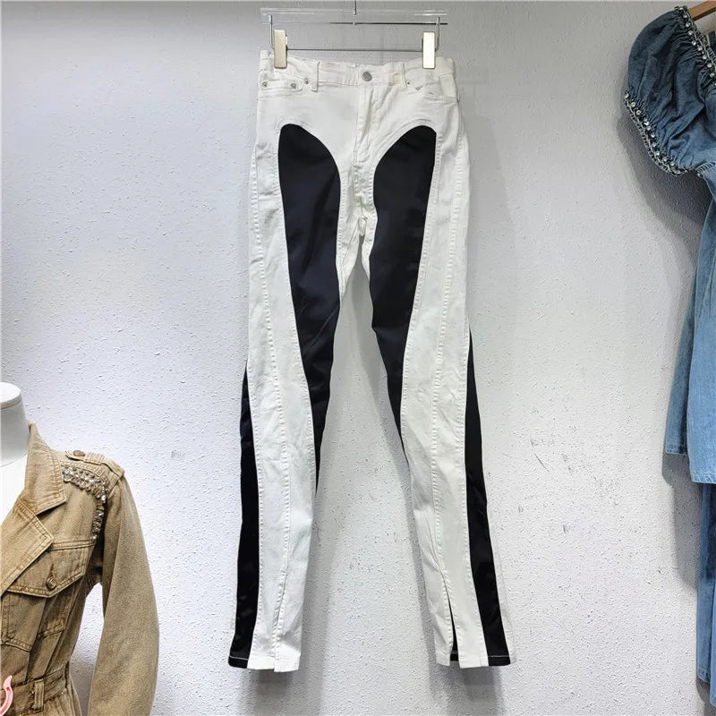 Women's Denim Pants Contrast Color Slim Split Patchwork High Quality Thin Pencil Pants Autumn New Fashion