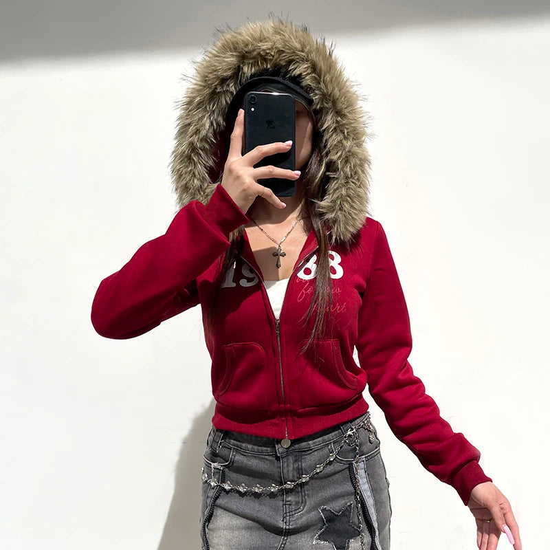 Y2K Fur Trim Hooded Sweatshirt Red Letter Print Zipper Coat with Pocket Women Streetwear Winter 90s Outwear Vintage