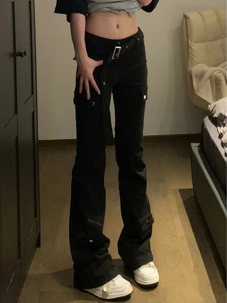 Woman Casual Stretch Jeans Low Waist Denim FloorLength Multiple Pockets Dark Academia Pants Baddie Style Japanese Fashion