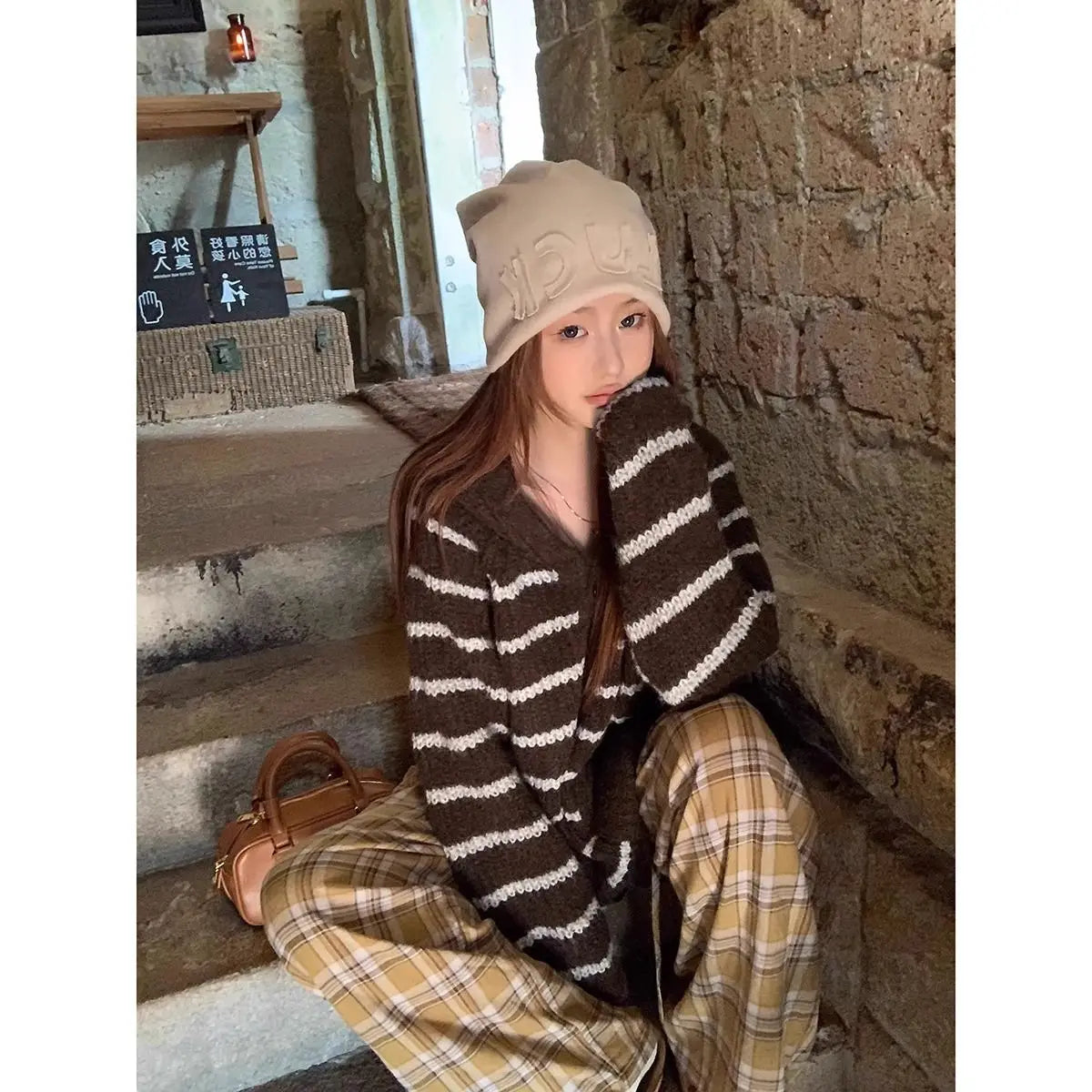 American Striped Hooded Sweater for Women Autumn and Winter New Lazy Style Thick Loose Casual Knitted Cardigans Women Clothing