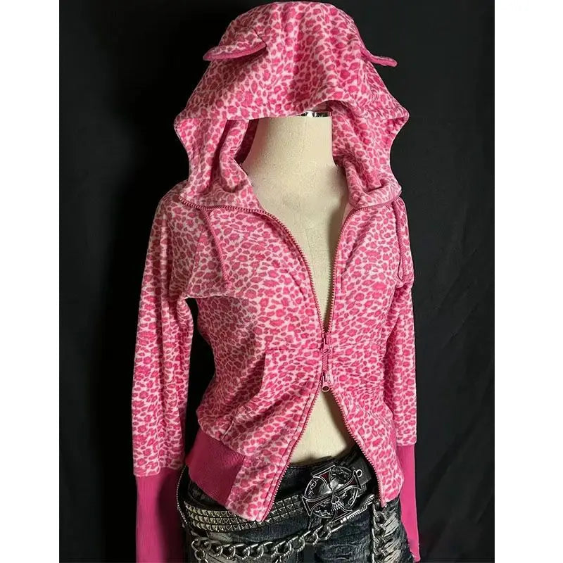 Autumn/Winter American Retro Hot Girl Plum Pink Leopard Pattern Loose Hoodie Women Top Vintage Zipper Coat Sweatshirt for Women