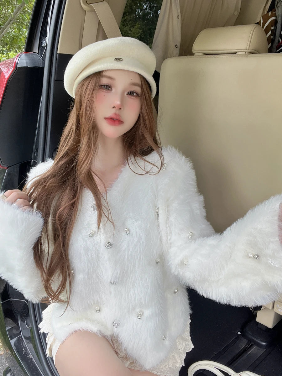 Sweet Hot Girl Mink Fur Knitted Cardigan Women's Autumn and Winter Loose Oneck Longsleeved Short Top Fashion Female Clothes