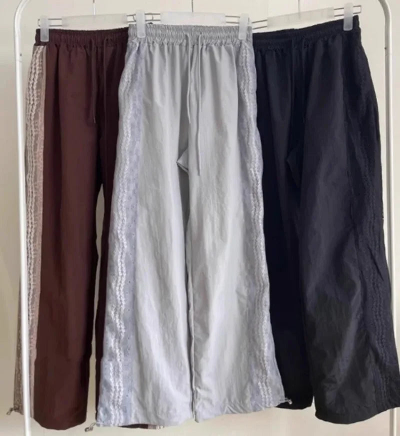 2024 Summer New Loose Y2k EGirl High Waist Straight Trousers Fashion Vintage Lace Patchwork Nylon Wide Leg Pants 2000s Vintage
