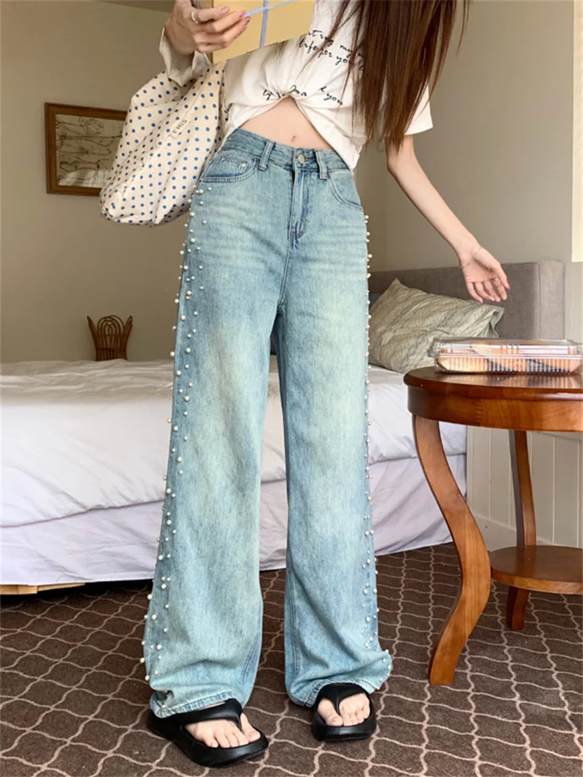 Summer Straight Jeans Women Pearls Wide Leg Mopping Light Washed High Waist Streetwear New Denim Casual Pants