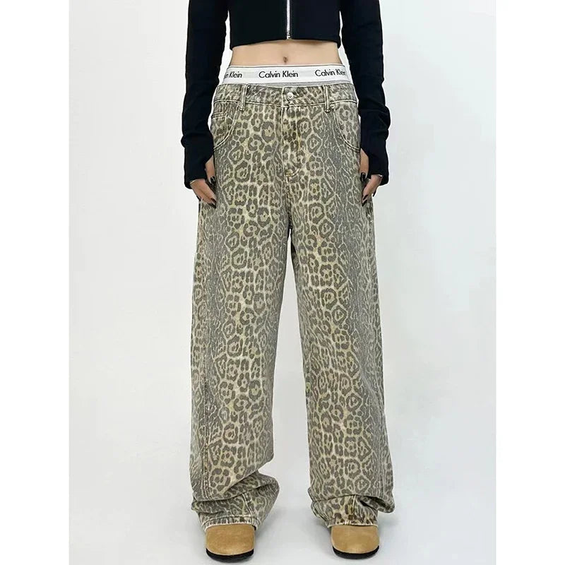 American Retro High Street Casual Overalls Leopard Print Loose Wide Leg Pants For Women Y2k Hiphop Cargo Grunge Baggy Trousers