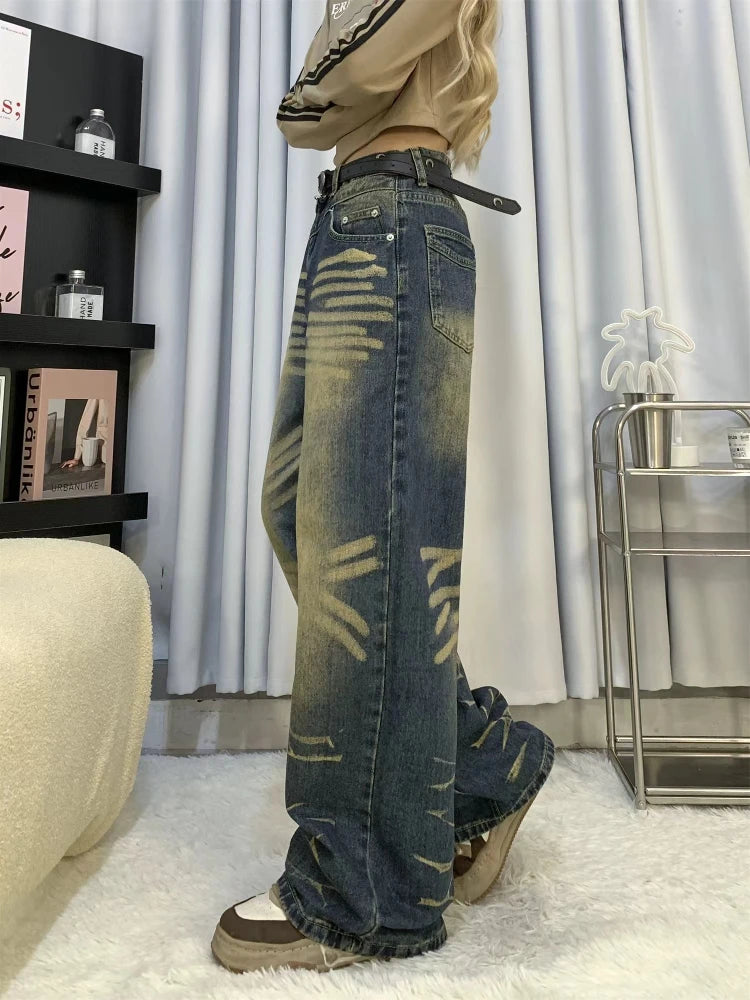 Y2k Oversized Vintage Jeans Woman Hip Hop Blue Vintage Fashion Kpop Wide Leg High Waist Denim Pants Causal Bottoms Mujer