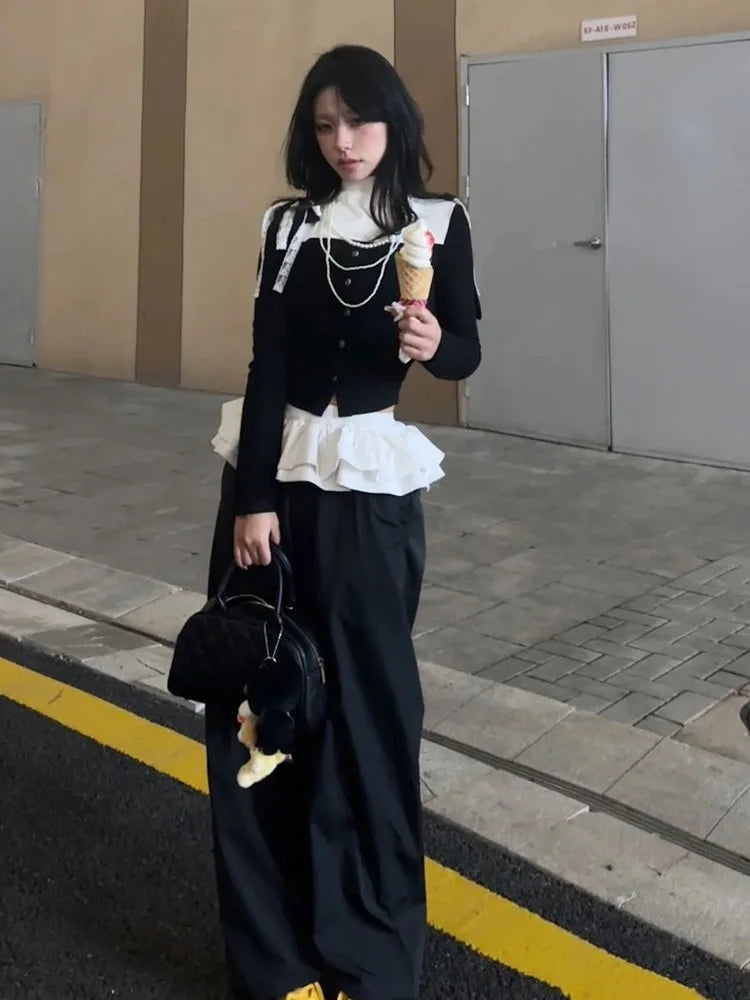 Ballet Skirt Patchwork Straight Pants Women High Street Design Elastic High Waist Sweatpants Korean Style Loose Trousers