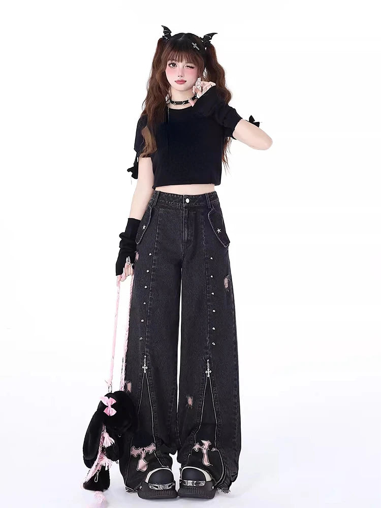 Women Black Gothic Baggy Jeans Vintage High Waist Cowboy Pants Harajuku Denim Trousers Aesthetic Y2k Emo Trashy 2000s Clothes
