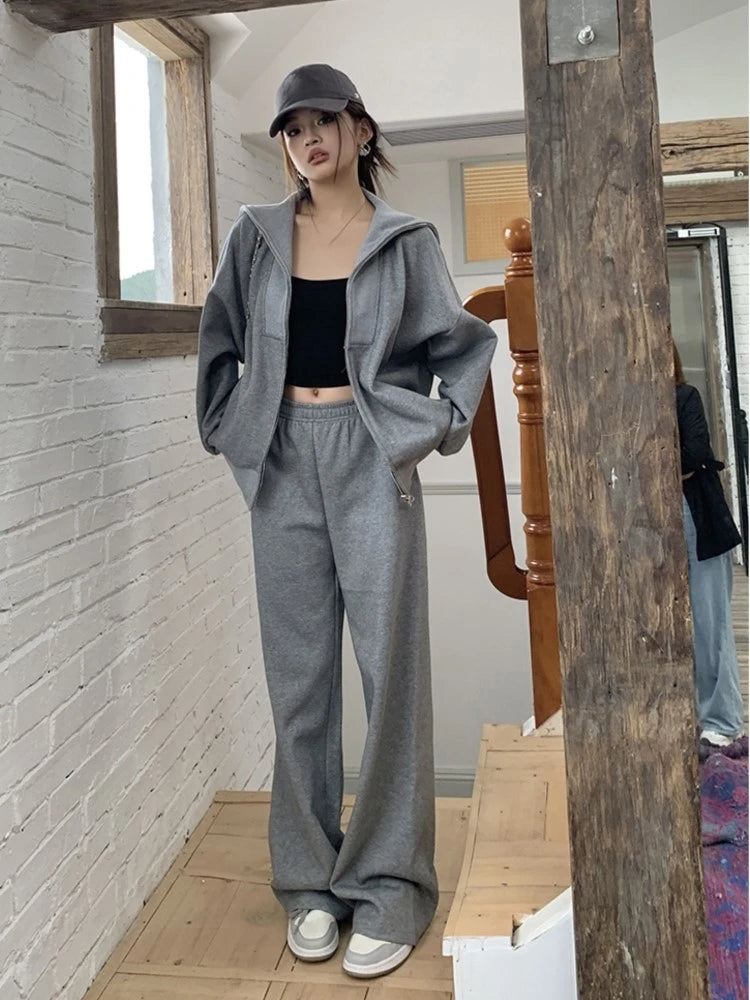 Y2K Casual Two-piece Set Solid Tracksuit Stand Collar Long Sleeve Zip-up Sweatshirt Long Pants Korean Fashion Autumn New Outfits