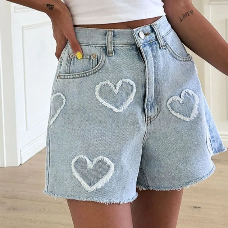 Sweet Cute Fur Heart Pattern Denim Shorts for Women Y2k High Waist Loose Straight Short Pants 2025 Summer New Wide Leg Shorts