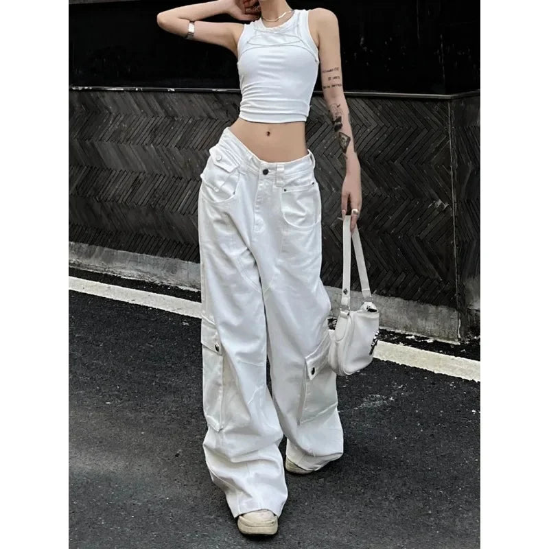 Baggy Vintage Cargo Jeans Woman Korean Fashion Casual Harajuku Wide Leg Denim Pants Basic Ladies Fashion White Trousers