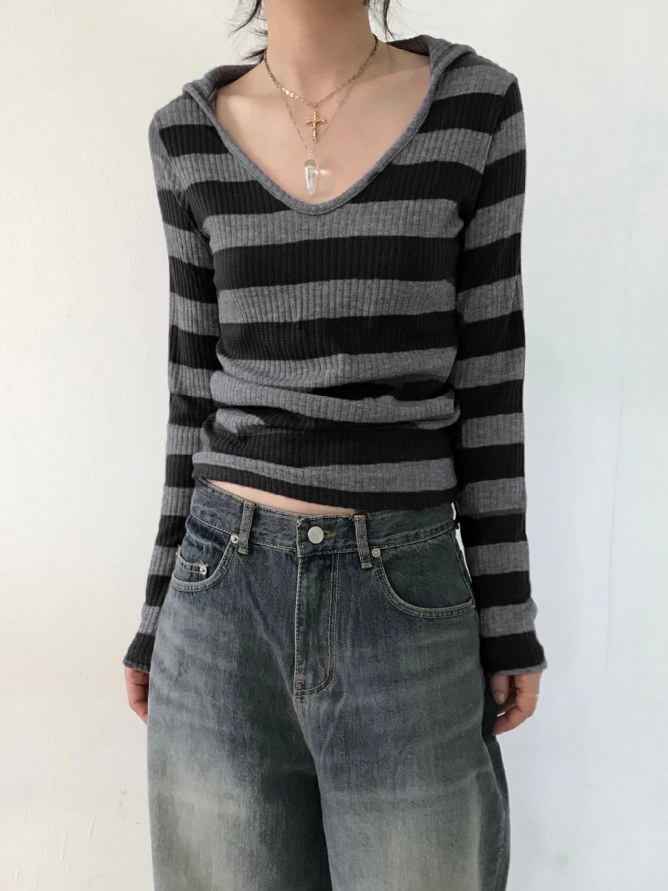Black Dark Gray Stripe Hooded T-Shirt Women V Neck Slim Long Sleeve Basic Spring Autumn Ribbed Top Preppy Streetwear Tee