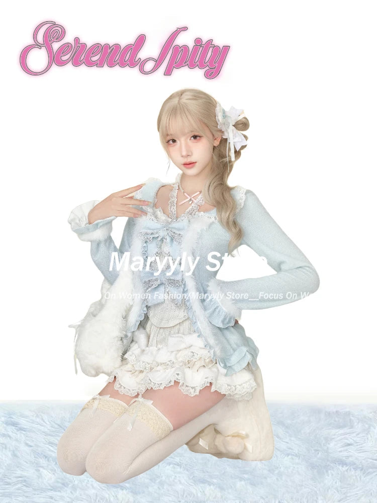 Winter Sweet Cute New 3 Piece Sets Women Outfits Elegant Long Sleeve Bow Cardigan + Casual Slim Vest + Lace Patchwork Mini Skirt