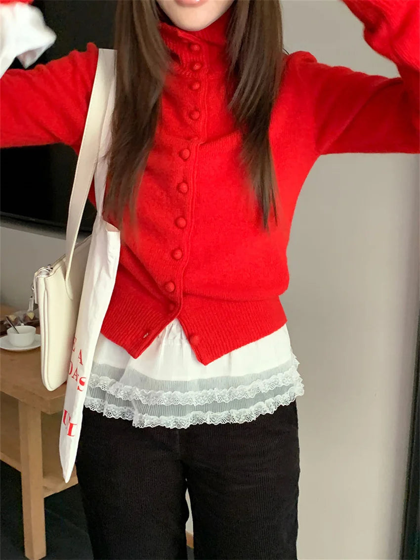 Vintage Red Sweaters Solid Knitted Loose Daily All Match Fashion Autumn 2024 Cardigans New Gentle Sweet Casual