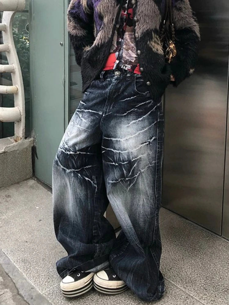 Women Y2k Baggy Vintage Jeans Harajuku Fashion Straight Do Old Wide Leg Full Length Denim Pants Hip Hop Causal Trousers