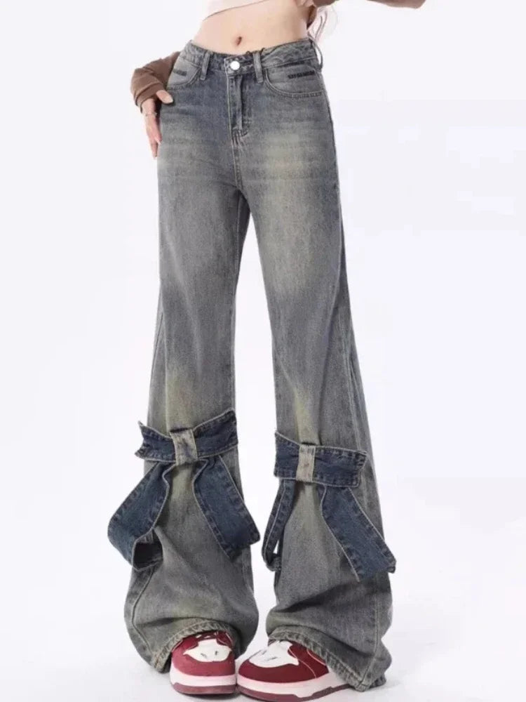 Blue Flared Jeans Women Kawaii Wide Leg Pants with Bow Korean Style Spring Fashion Cutecore High Wasit Denim Trousers