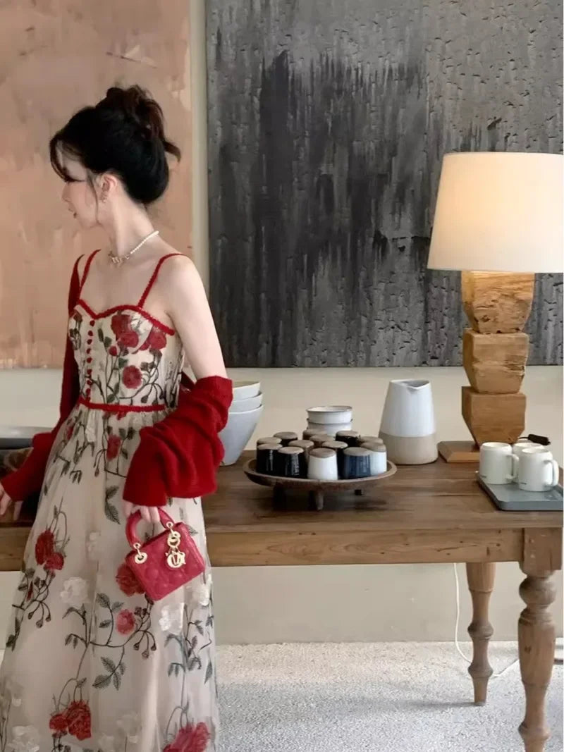 Sweet Hot Girl Suit Women's Autumn Red Longsleeved Cardigan Embroidery Floral Strap Dress Twopiece Set Fashion Female Clothes