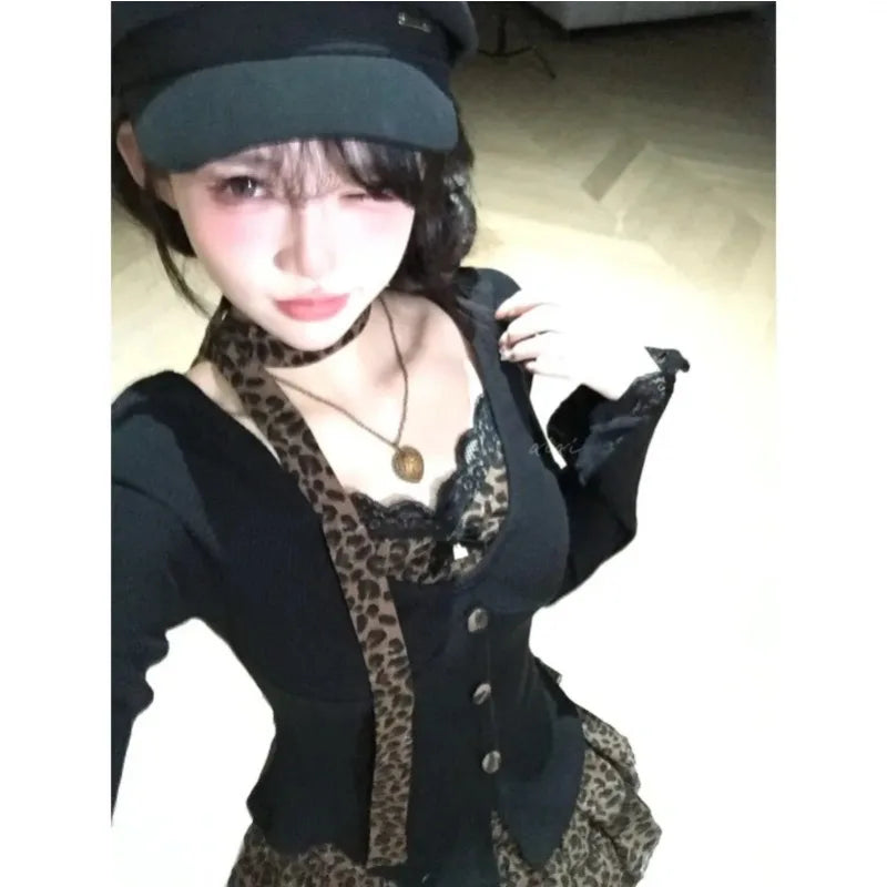 Sweet Hot Girl Suit Women's Autumn Longsleeved Slim Cardigan Leopard Print Aline Skirt Twopiece Set Fashion Female Clothes