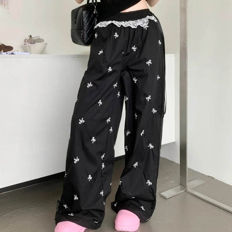 Y2k Coquette Bow Embroidery Wide Leg Pants Women Korean Style Kawaii Sweet Lace Patchwork High Waist Loose Pants Y2k