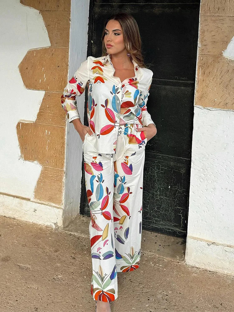Women Spring Fashion Suit Vintage Printed Lapel Long Sleeves Single Breasted Shirts Female Elastic Waist Wide Leg Pants