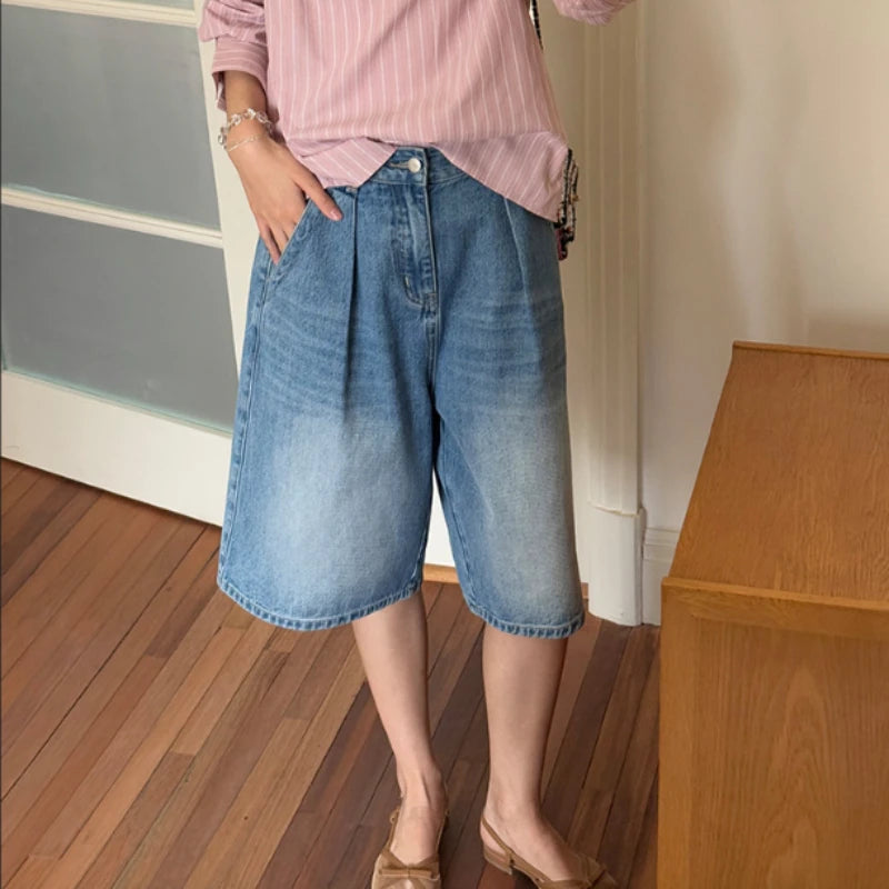 Vintage Washed Women's Denim Wide Leg Shorts Summer Loose High Waist Blue Casual Straight Half Pants Female