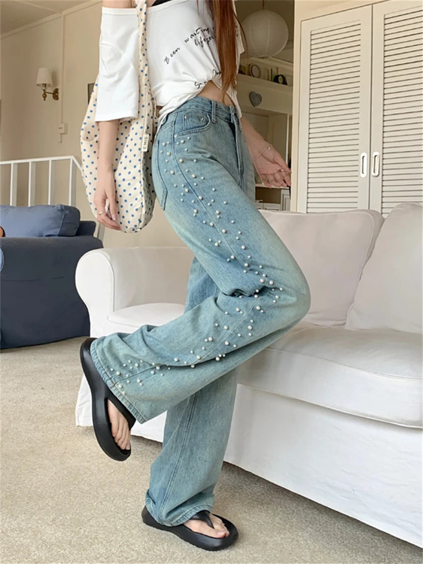 Summer Straight Jeans Women Pearls Wide Leg Mopping Light Washed High Waist Streetwear New Denim Casual Pants