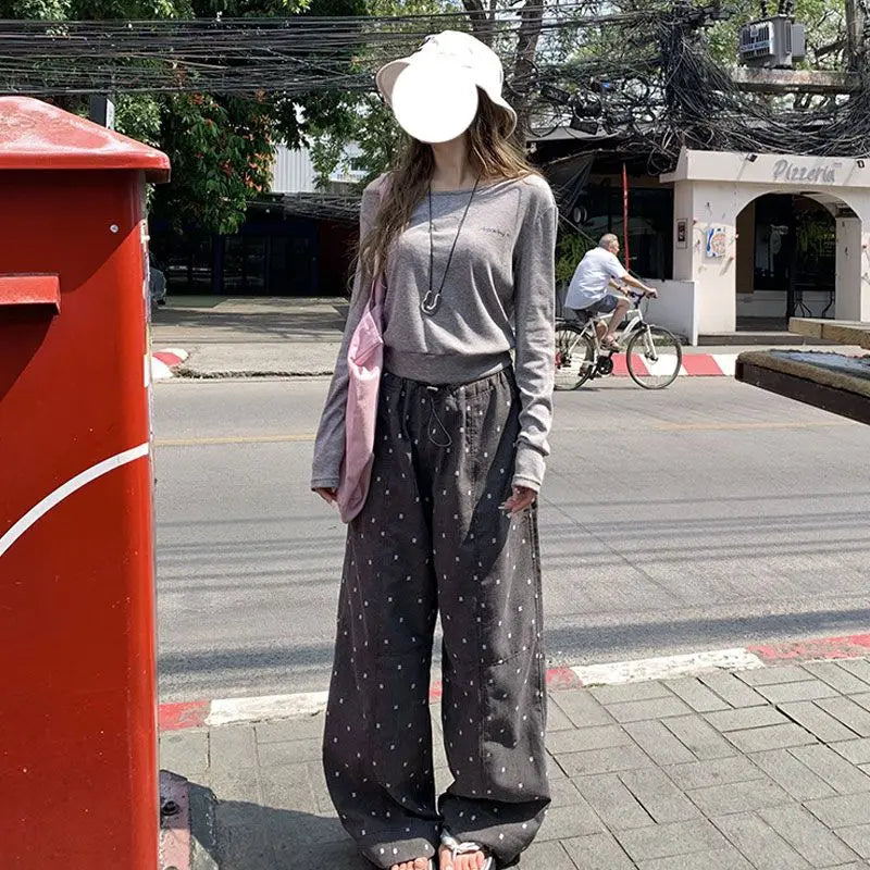 2025 Summer Hot Retro Internet Celebrity Korean New Straight Tube Loose Wave Embroidery Casual Pants Trend