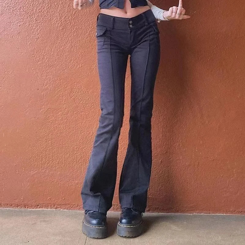 Y2K Brown Flared Jeans Solid Color Pocket Kawaii Trousers Low Waist Aesthetic Jogging Pants Women's Casual Basics