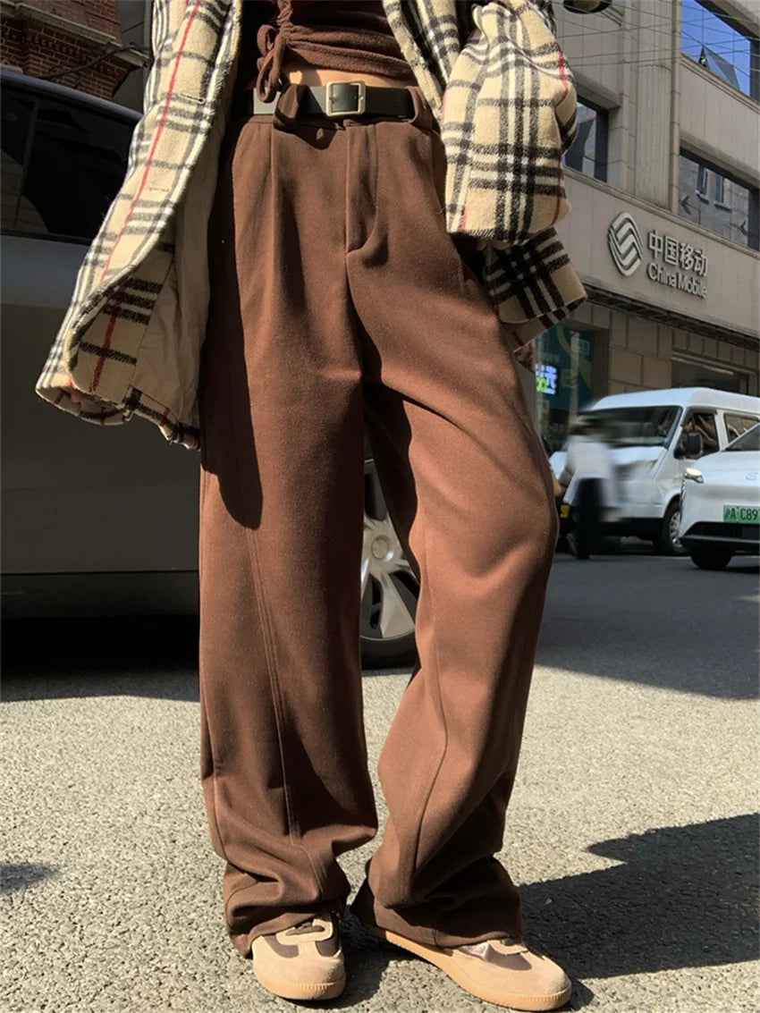 Chic Solid New Winter Pants Women Thicken Warm 2024 Work Wear Loose High Waist Straight All Match Streetwear Daily