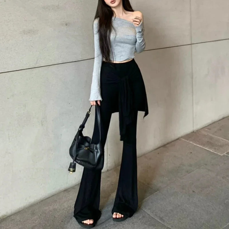 Autumn New Skew Collar Strapless Casual Long Sleeve Tshirt Women + Pleated Laceup Sexy Slim Wide Leg Pants Twopiece Suit