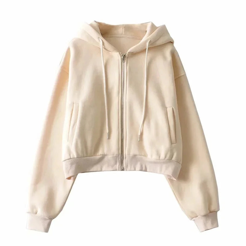 autumn spring women's Zip up hoodies pockets slim crop top women jacket female clothes drawstring white sexy hoody cotton coats