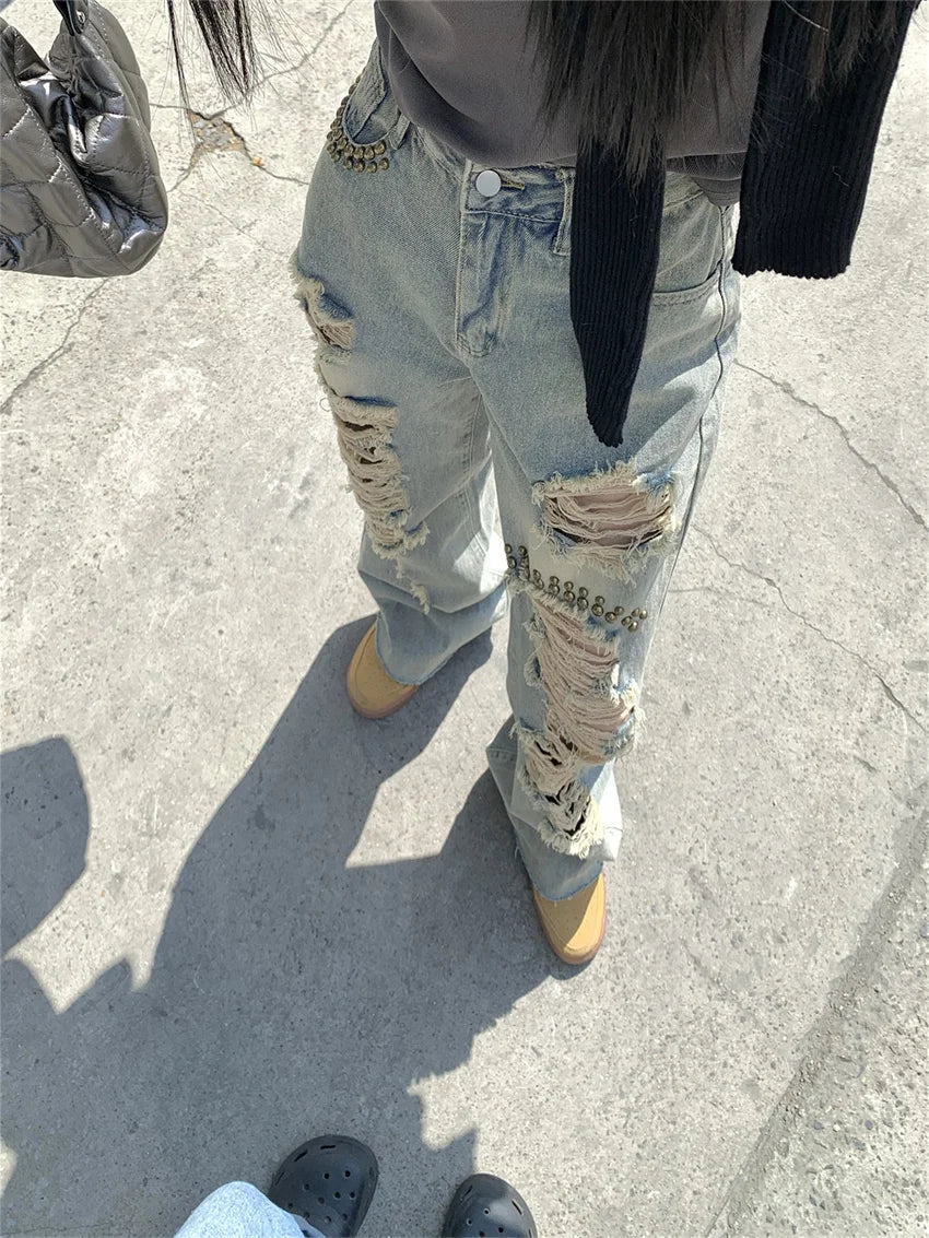 Autumn Hole Streetwear Jeans Women High Waist Straight Loose Wide Leg Chic Slim Vintage Office Wear Daily Pants