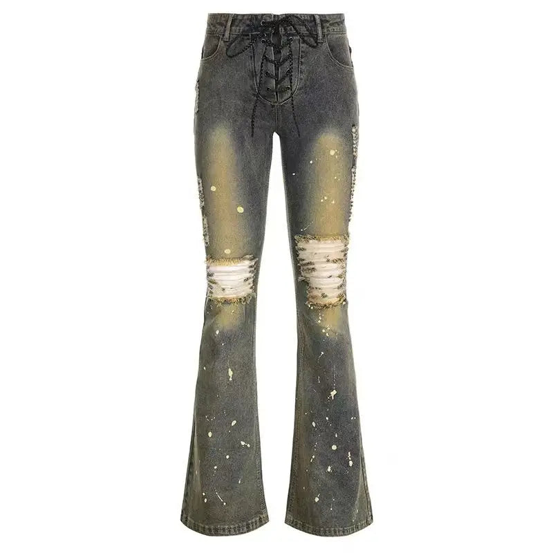 American Y2K low rise sexy jeans laceup design splashed ink distressed vintage thin versatile popular ripped flared pants