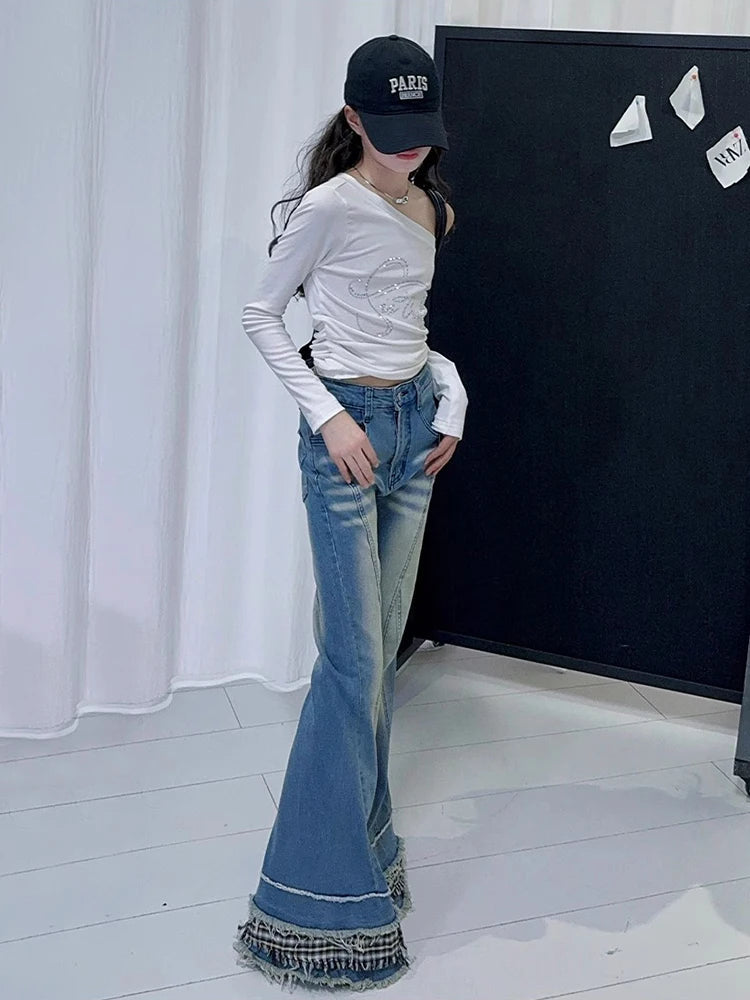 Women Stitch Raw Edge Ruffle Hem Flare Jeans Retro Tartan Plaid Whiskers Boot Cut Pants Grayu Y2k Korean Streetwear