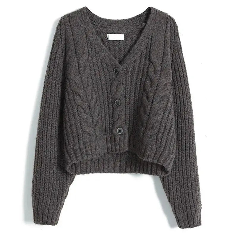 Women Solid Long Sleeve Cardigan Crochet Sweater Autumn Winter Casual Korean Vneck Single Breasted Short Tops Chic Streetwear