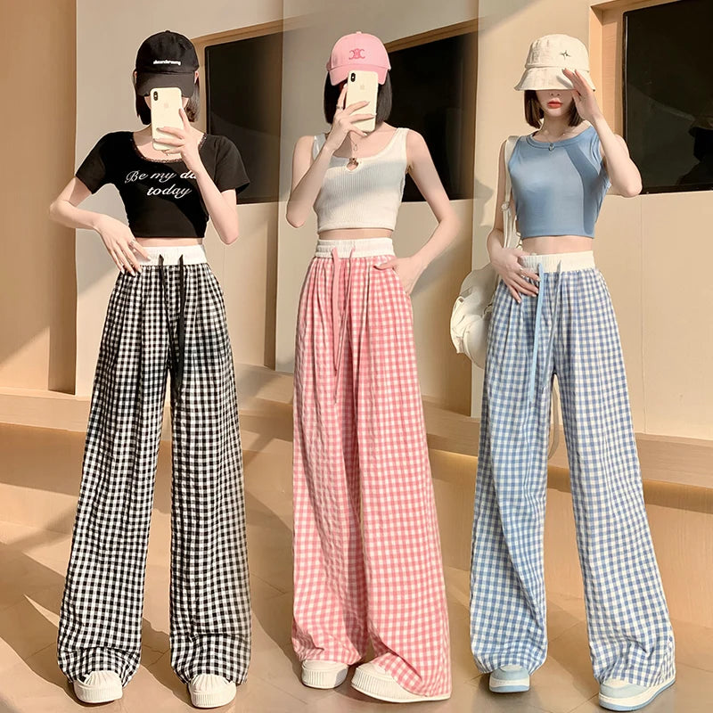 Thin High Waisted Women's Checkered Black and White Wide Leg Pants, Casual Elastic Floor Length Pants, Retro Loose and Versatile