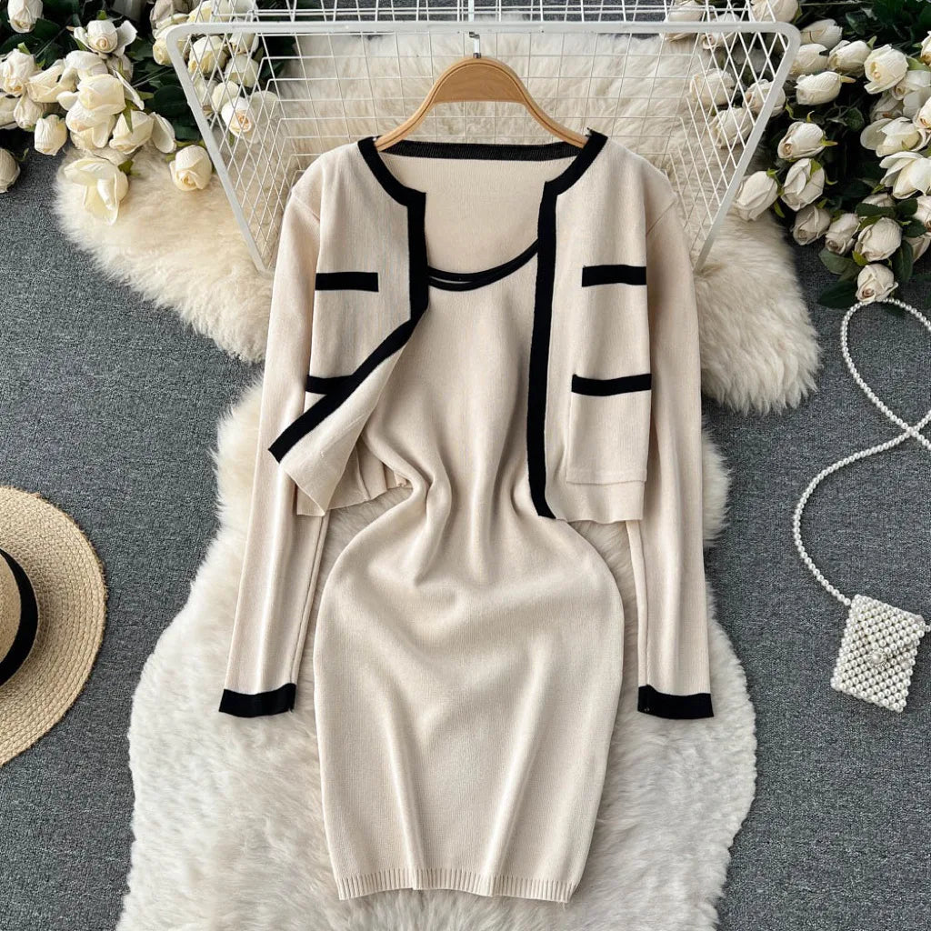 Autumn/Winter Elegant Elegant Small Fragrant Wind Contrast Knitted Cardigan+Suspended Tank Top Knitted Dress ins