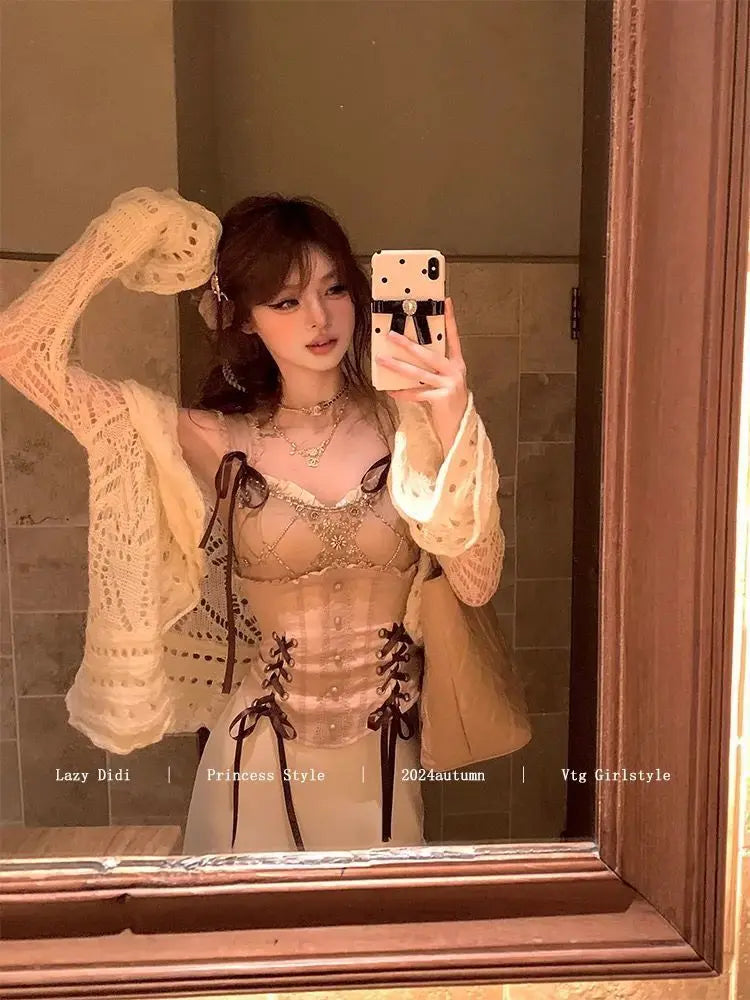 Autumn Retro Heavy Industry Tight Corset Tank Top Hollow Cardigan Wrap Hip Satin Long Skirt Set Sexy Three Piece Set for Women