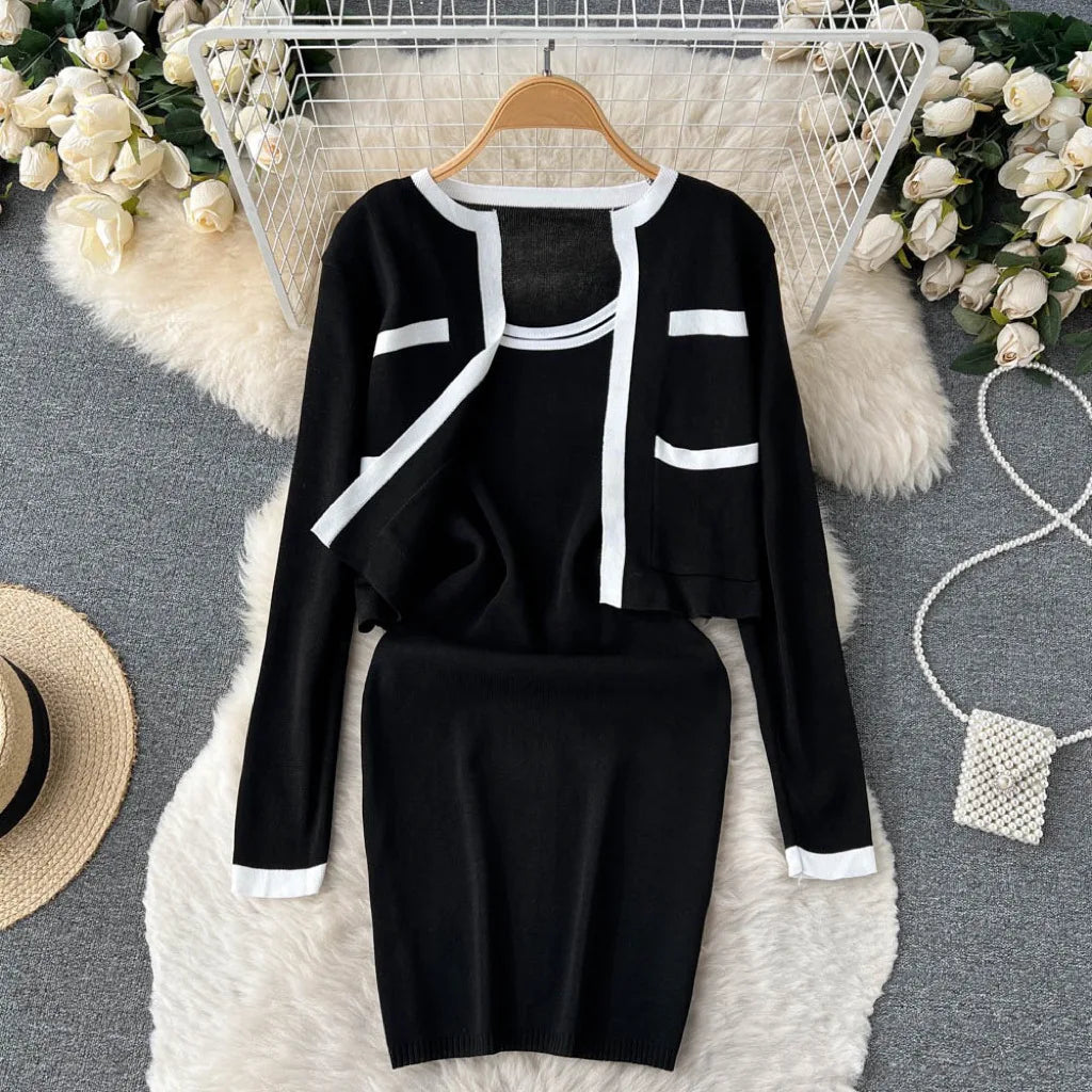 Autumn/Winter Elegant Elegant Small Fragrant Wind Contrast Knitted Cardigan+Suspended Tank Top Knitted Dress ins