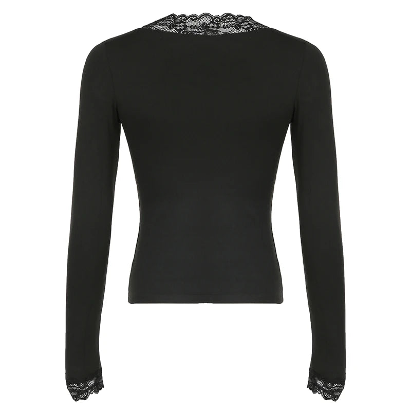 Black Lace Trim V-Neck T-Shirt Women Solid Slim Basic Long Sleeve Top Tees All-Match Autumn New