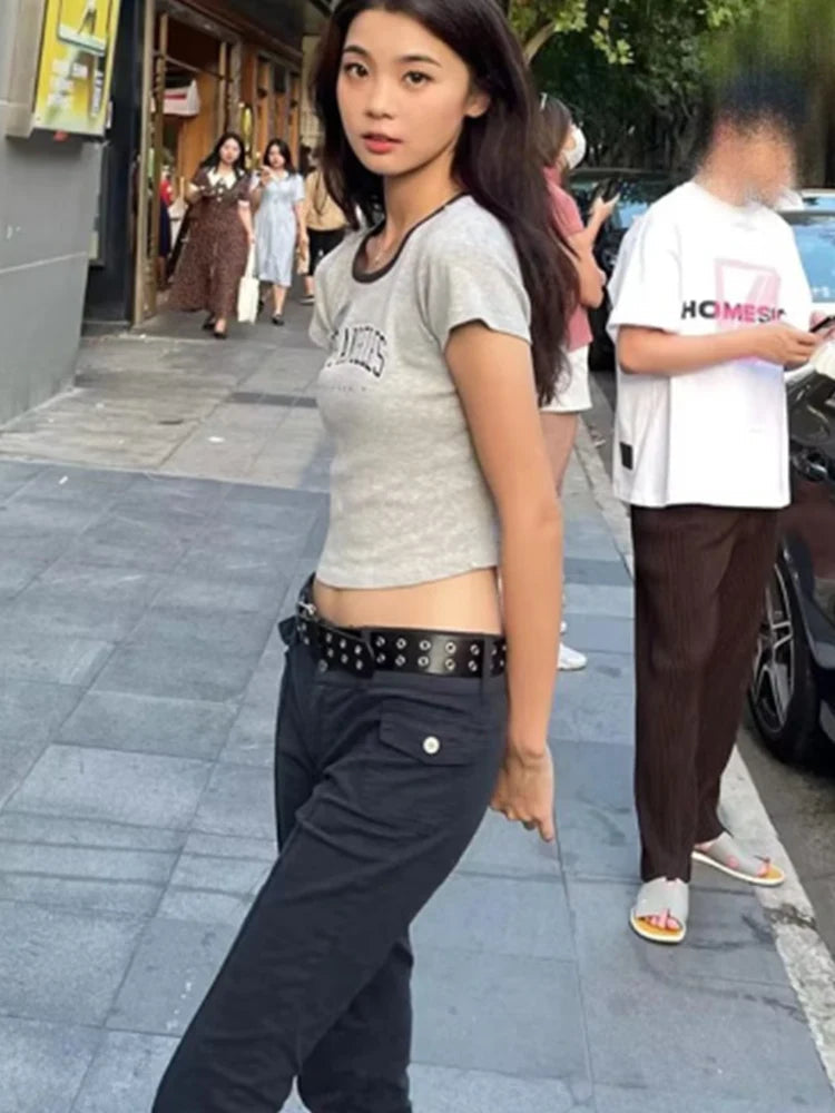 Casual Women Black Flared Pants Summer Fashion Ladies Low Waist Pockets Ornamnet Solid Color Pants Female Chic Bottoms